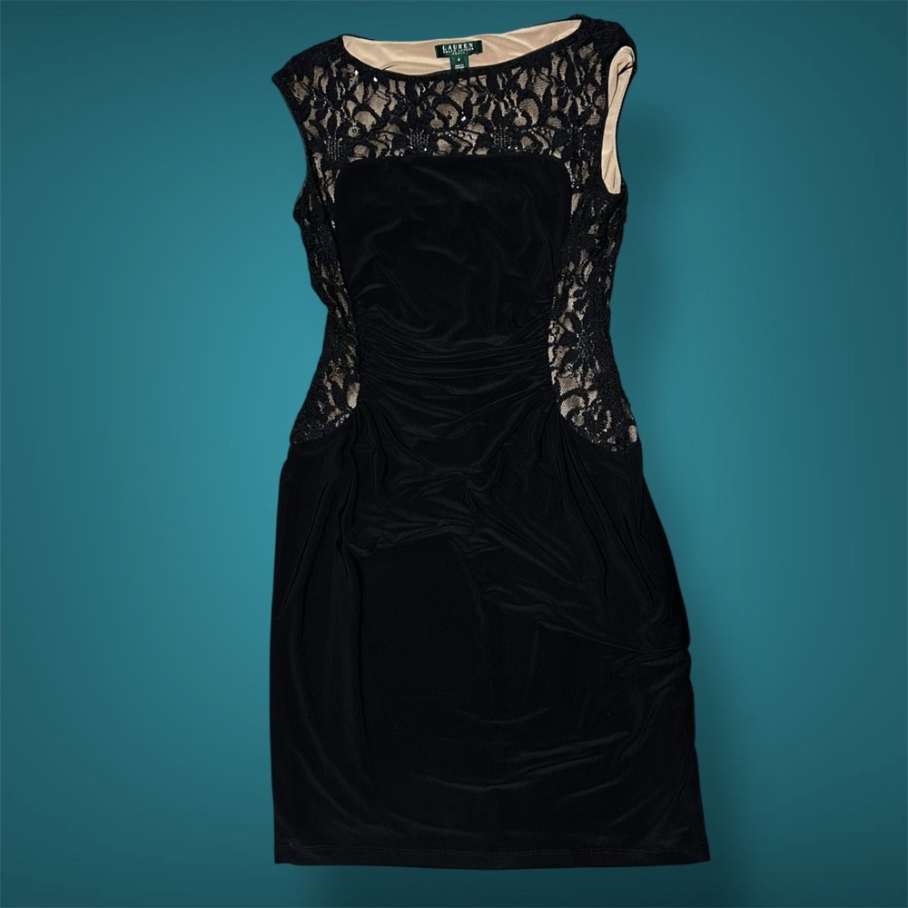 Lauren Ralph Lauren Black Tan Lace Knee Length Dress Sz 8 Semi Formal Fitting